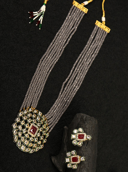 Priyaasi Women Grey Beads Kundan Gold Plated Ranihaar Jewellery Set - Grab2buy