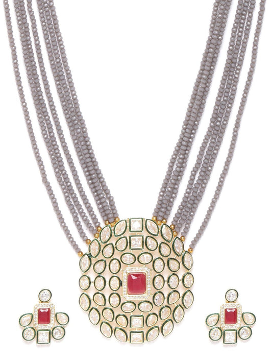 Priyaasi Women Grey Beads Kundan Gold Plated Ranihaar Jewellery Set - Grab2buy