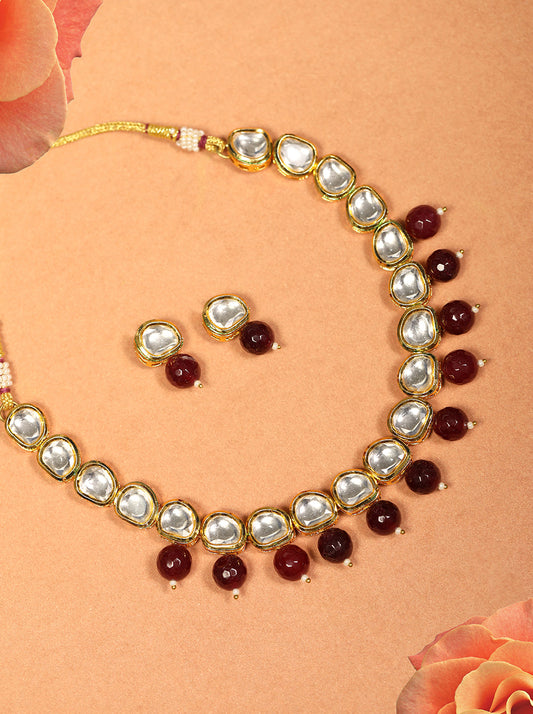 Priyaasi Women Maroon Pearls Kundan Gold Plated Jewellery Set - Grab2buy