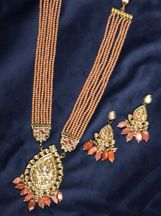 Priyaasi Women Peach Beads Kundan Stones Ranihar Jewellery Set - Grab2buy