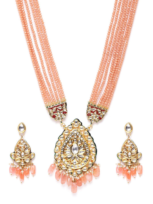 Priyaasi Women Peach Beads Kundan Stones Ranihar Jewellery Set - Grab2buy