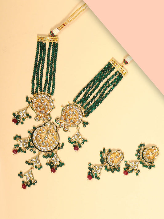 Priyaasi Women Green & Red Beads Kundan Gold Plated Jewellery Set - Grab2buy