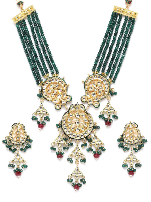 Priyaasi Women Green & Red Beads Kundan Gold Plated Jewellery Set - Grab2buy