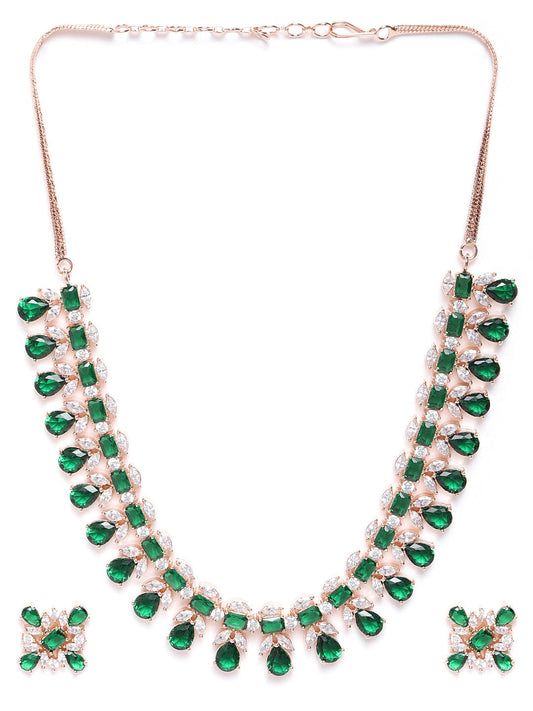 Priyaasi Women Emerald American Diamond Rose Gold Plated Floral Jewellery Set - Grab2buy