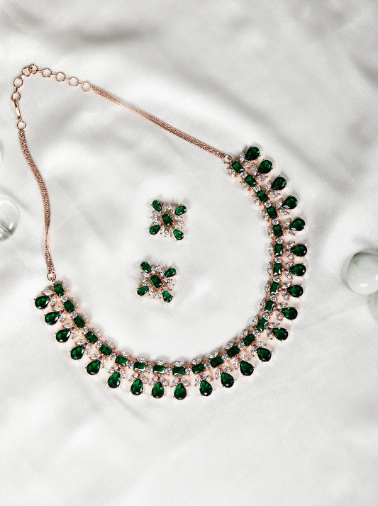 Priyaasi Women Emerald American Diamond Rose Gold Plated Floral Jewellery Set - Grab2buy