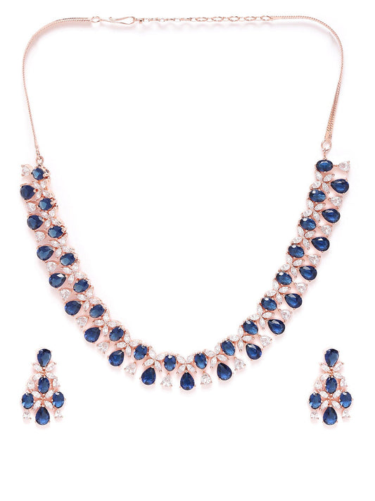 Priyaasi Women Blue American Diamond Rose Gold Plated Floral Jewellery Set - Grab2buy