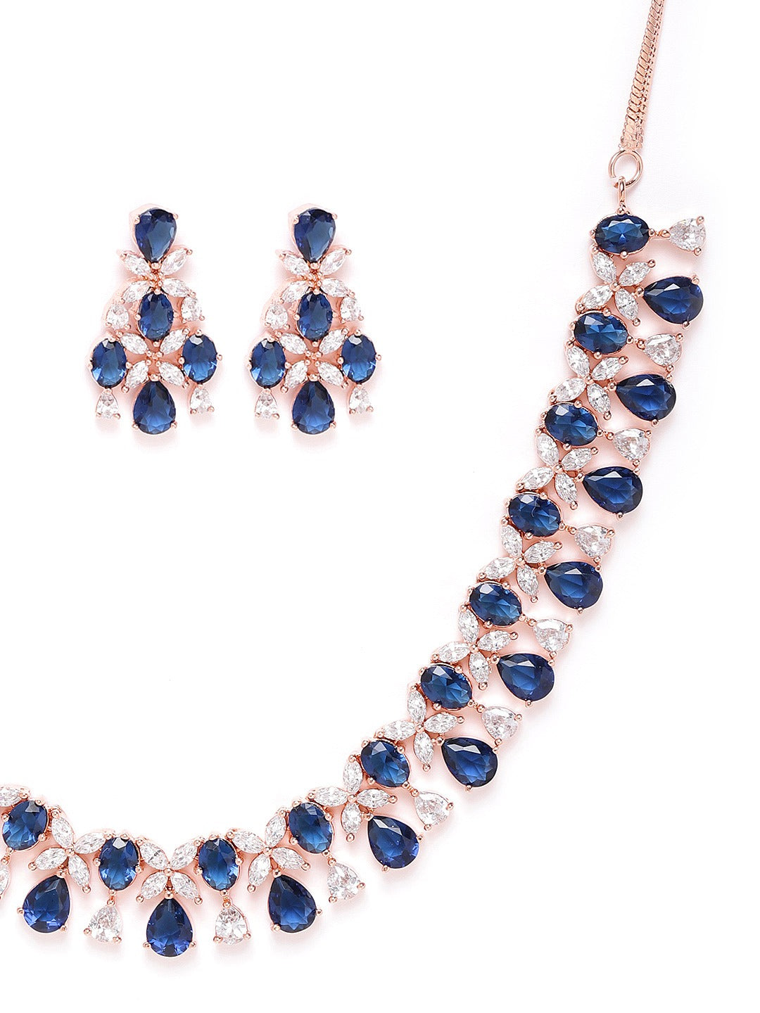 Priyaasi Women Blue American Diamond Rose Gold Plated Floral Jewellery Set - Grab2buy