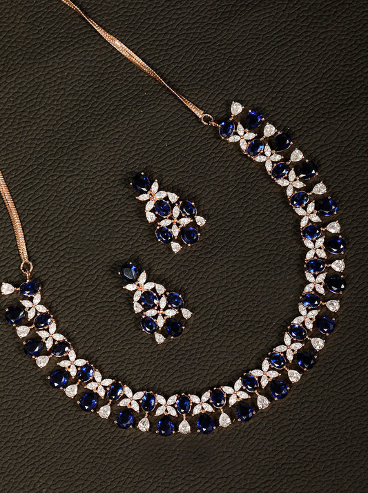 Priyaasi Women Blue American Diamond Rose Gold-Polished Floral Jewellery Set - Noz2Toz