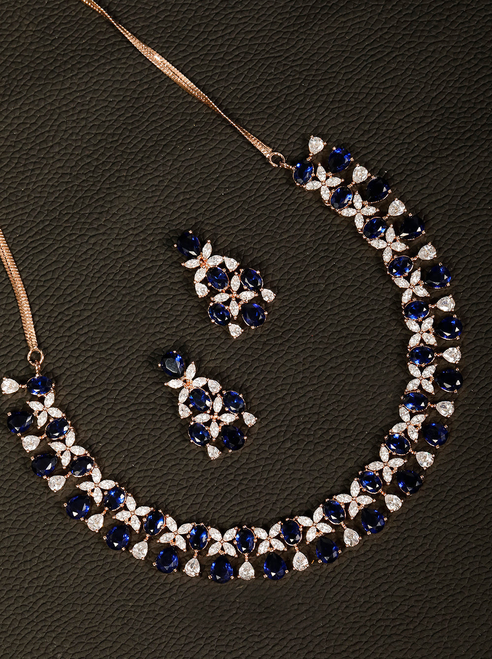 Priyaasi Women Blue American Diamond Rose Gold Plated Floral Jewellery Set - Grab2buy