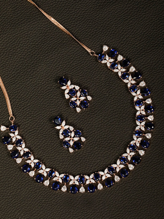Priyaasi Women Blue American Diamond Rose Gold Plated Floral Jewellery Set - Grab2buy