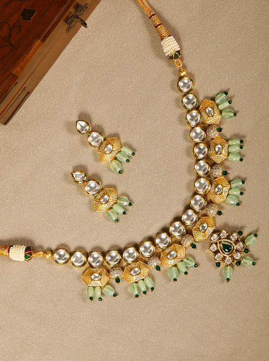 Priyaasi Women Mint Green Pearls Kundan Gold Plated Jewellery Set - Grab2buy