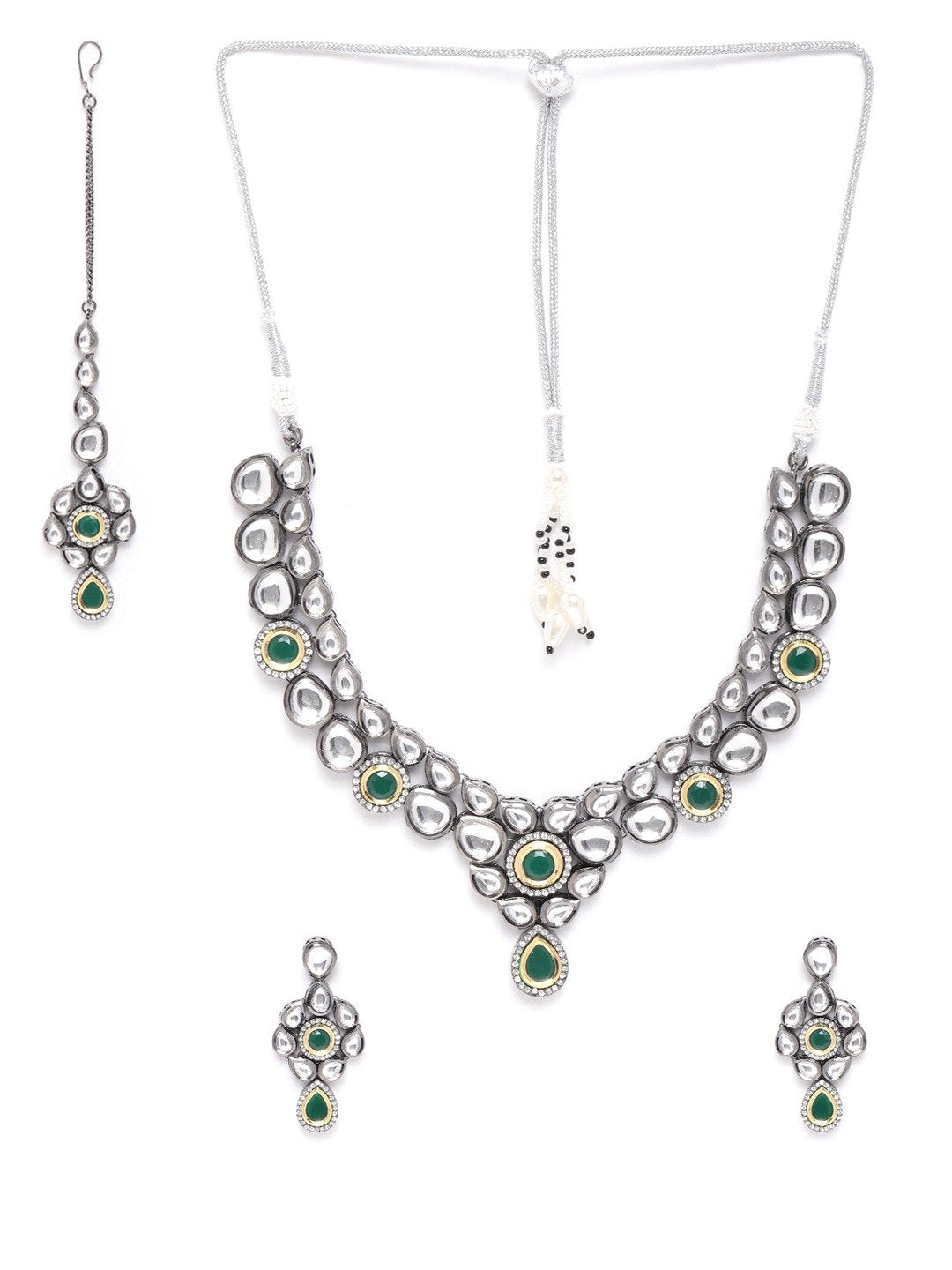 Priyaasi Women Black Kundan Emerald Stones Jewellery Set - Grab2buy