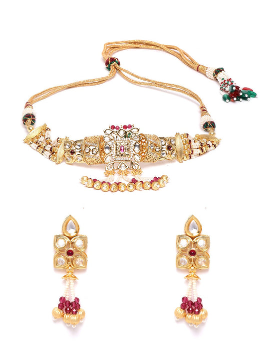Priyaasi Women Red White Beads Kundan Gold Plated Jewellery Set - Grab2buy