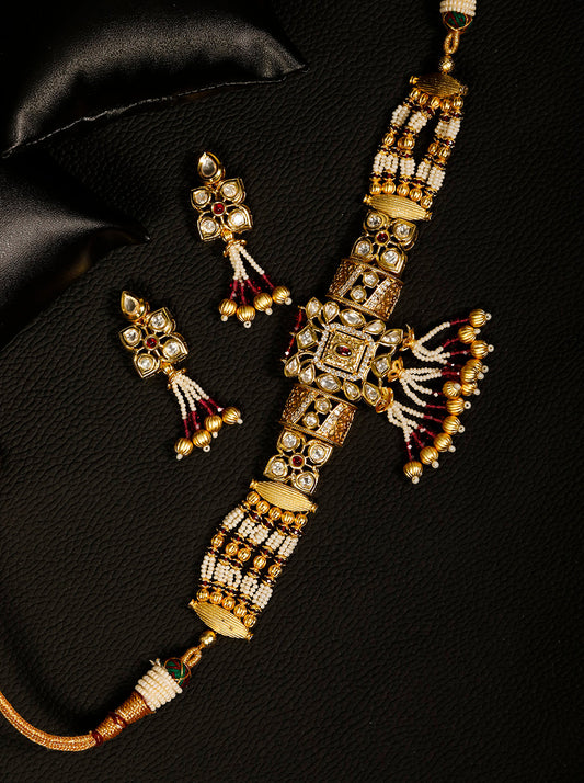 Priyaasi Women Red White Beads Kundan Gold Plated Jewellery Set - Grab2buy