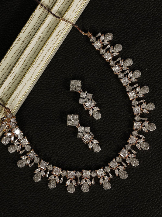 Priyaasi Women American Diamond Rose Gold Plated Leaf Jewellery Set - Grab2buy