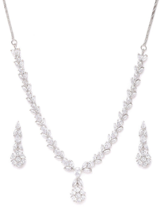 Priyaasi Women American Diamond Silver Plated Leaf Jewellery Set - Grab2buy