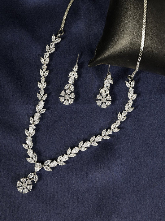 Priyaasi Women American Diamond Silver Plated Leaf Jewellery Set - Grab2buy