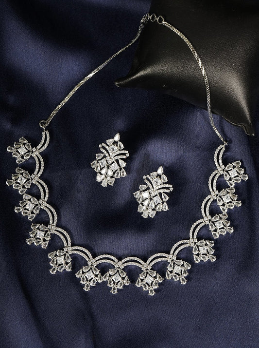 Priyaasi Women American Diamond Silver Plated Floral Jewellery Set - Grab2buy
