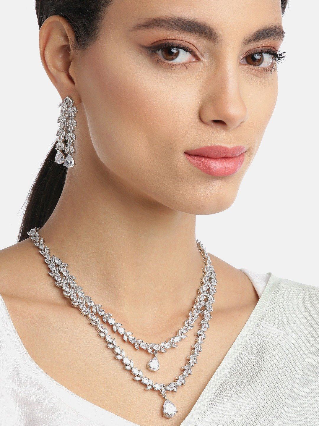 Priyaasi Women Eternal Moondust - American Diamond Silver Plated Leaf Layered Jewellery Set - Grab2buy
