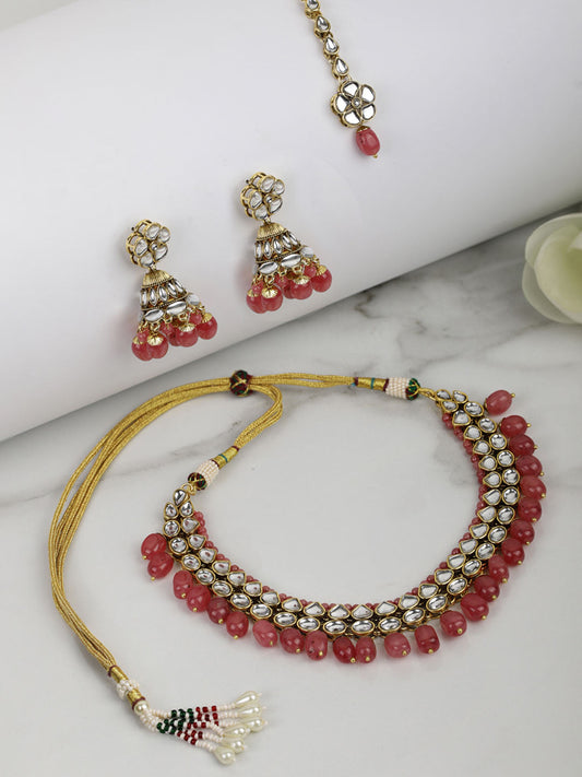 Priyaasi Women Pink Beads Ruby Kundan Gold Plated Traditional MaangTika Jewellery Set - Grab2buy