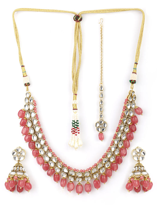 Priyaasi Women Pink Beads Ruby Kundan Gold Plated Traditional MaangTika Jewellery Set - Grab2buy