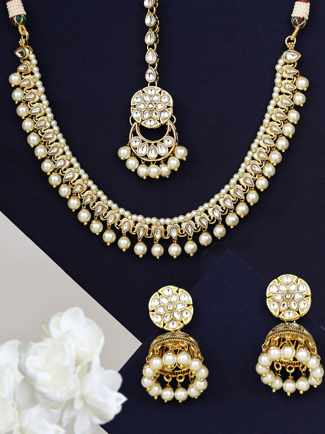 Priyaasi Women White Beads Kundan Pearls Gold Plated Traditional MaangTika Jewellery Set - Grab2buy