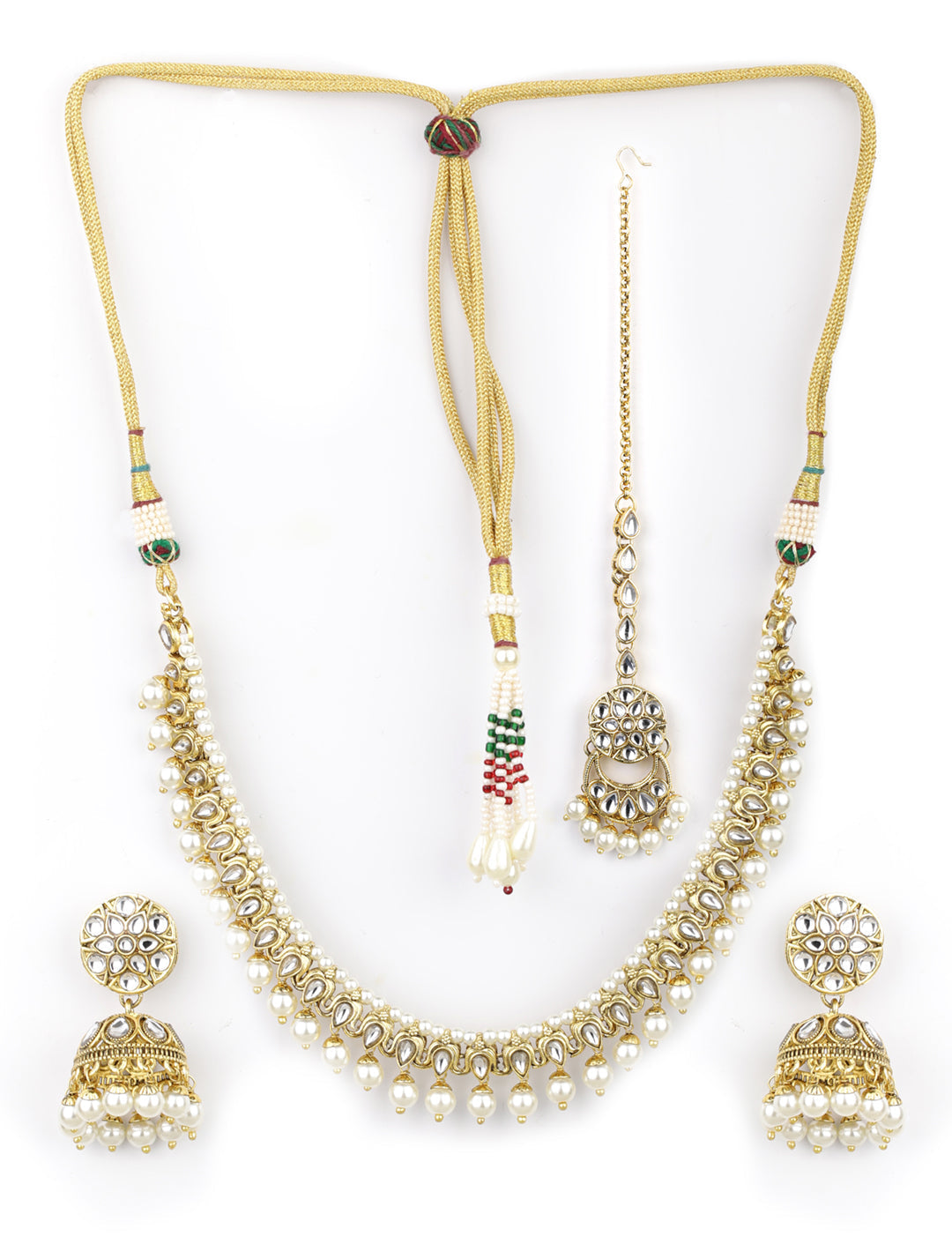 Priyaasi Women White Beads Kundan Pearls Gold Plated Traditional MaangTika Jewellery Set - Grab2buy