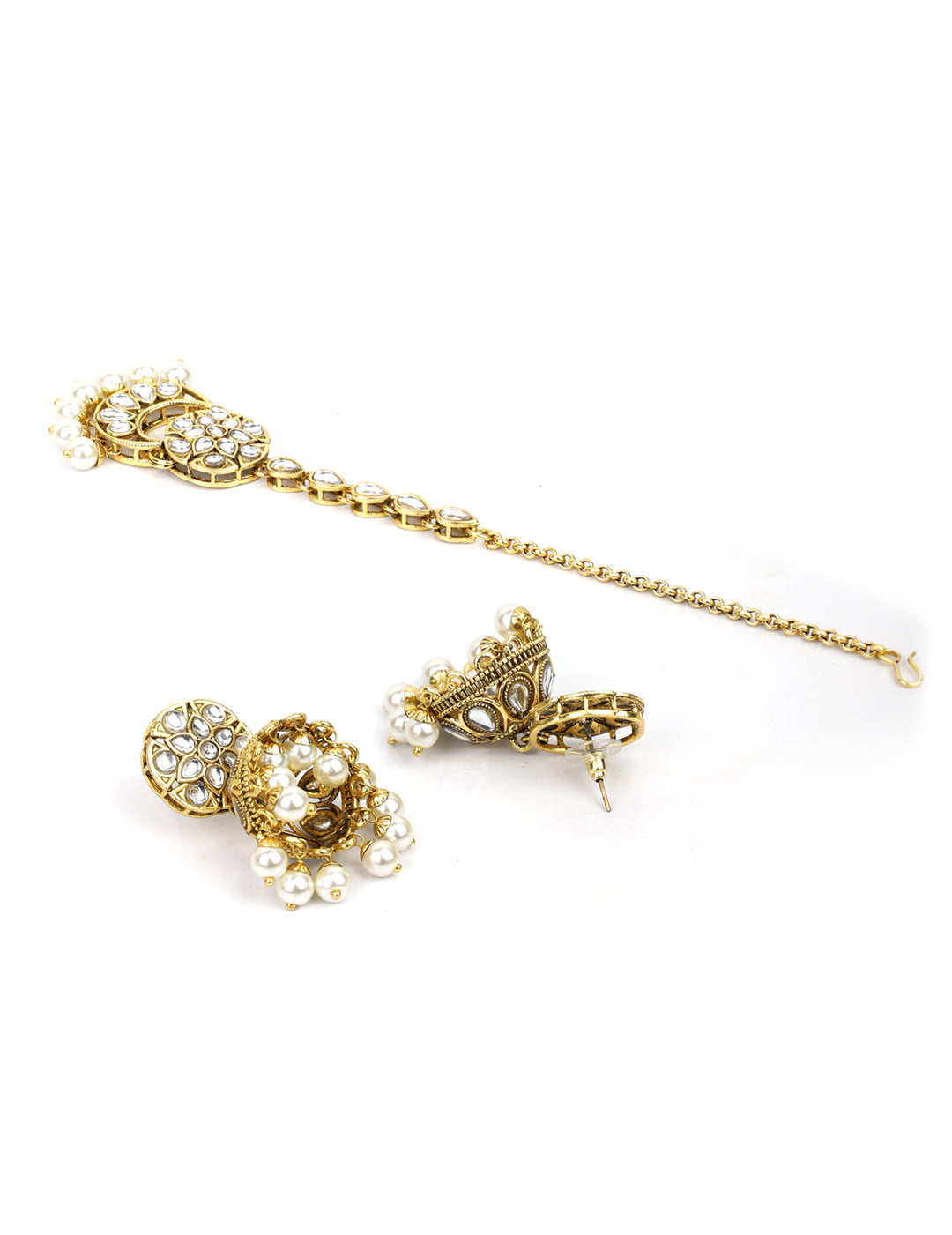 Priyaasi Women White Beads Kundan Pearls Gold Plated Traditional MaangTika Jewellery Set - Grab2buy