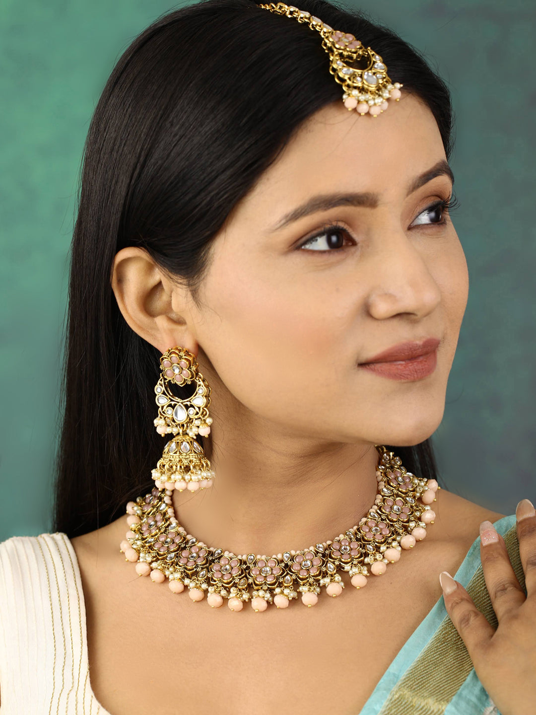 Priyaasi Women Peach Beads Pearls Kundan Gold Plated Floral Traditional MaangTika Jewellery Set - Grab2buy