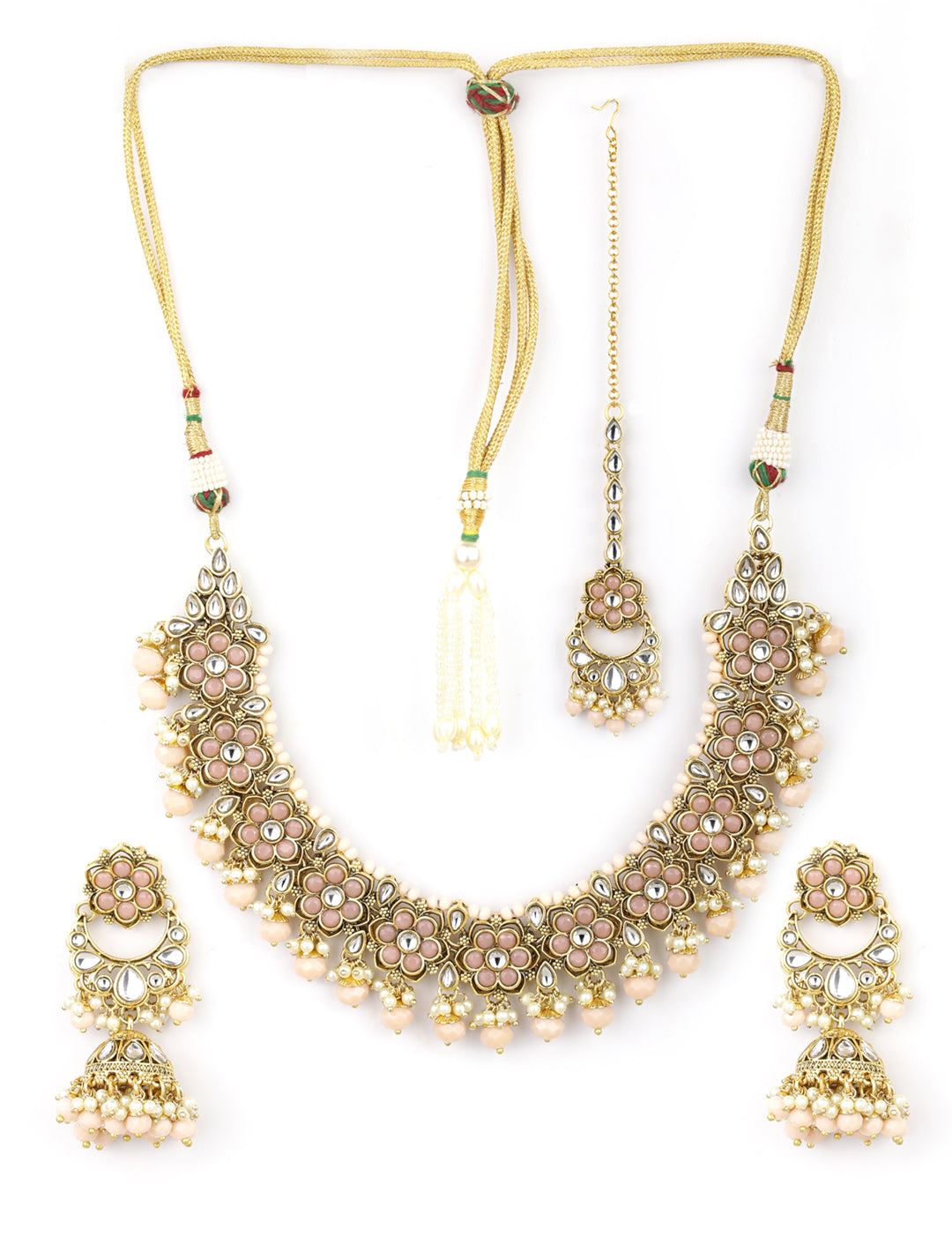 Priyaasi Women Peach Beads Pearls Kundan Gold Plated Floral Traditional MaangTika Jewellery Set - Grab2buy
