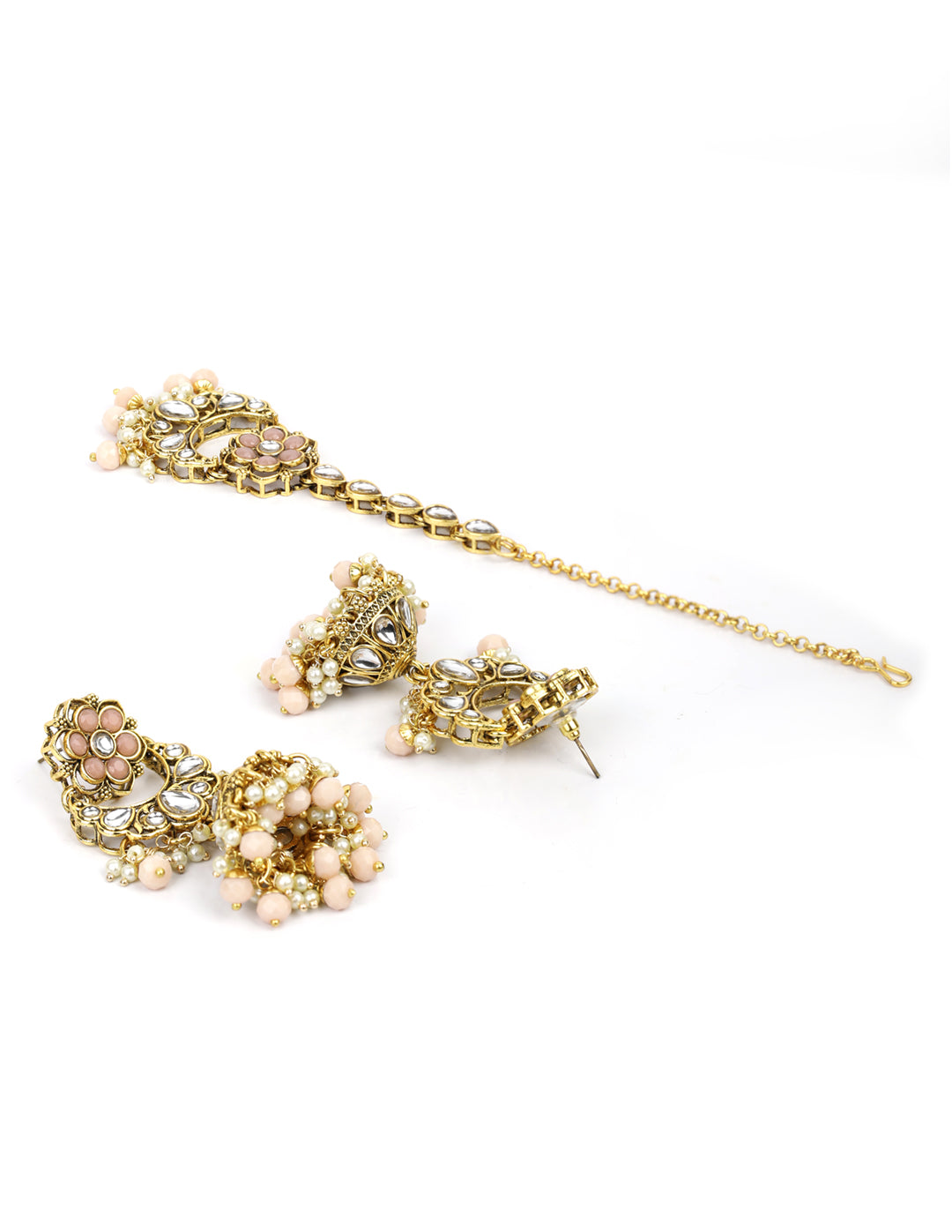 Priyaasi Women Peach Beads Pearls Kundan Gold Plated Floral Traditional MaangTika Jewellery Set - Grab2buy