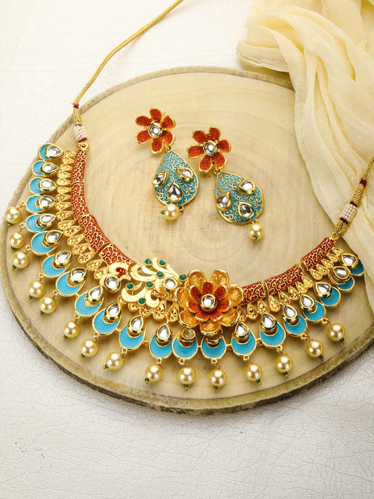 Priyaasi Women Multi-Color Kundan Pearls Gold Plated Floral Jewellery Set - Grab2buy