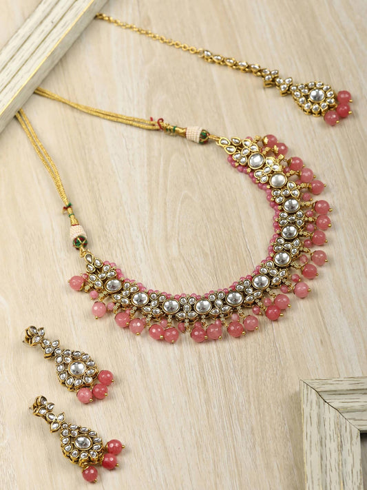 Priyaasi Women Pink Beads Pearls Kundan Gold Plated Jewellery Set with Maang Tikka - Grab2buy