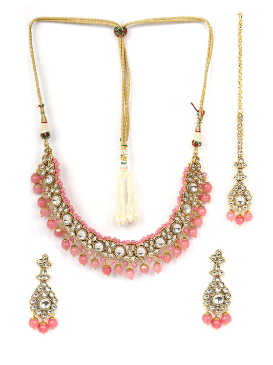 Priyaasi Women Pink Beads Pearls Kundan Gold Plated Jewellery Set with Maang Tikka - Grab2buy