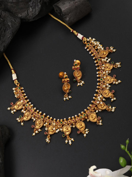 Priyaasi Women Beads Ruby Emerald Gold Plated Temple Jewellery Set - Grab2buy