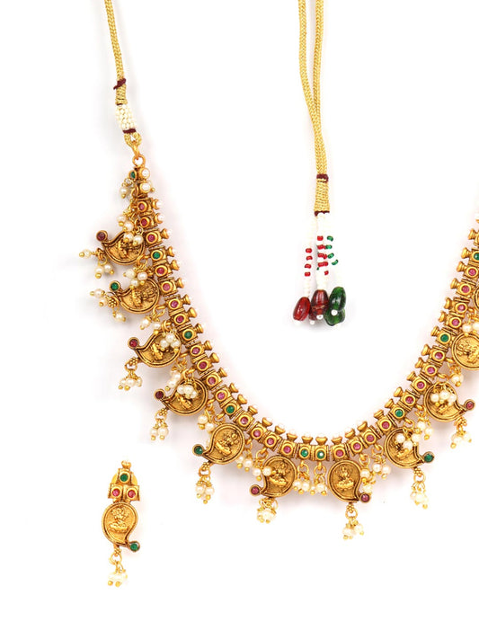 Priyaasi Women Beads Ruby Emerald Gold Plated Temple Jewellery Set - Grab2buy