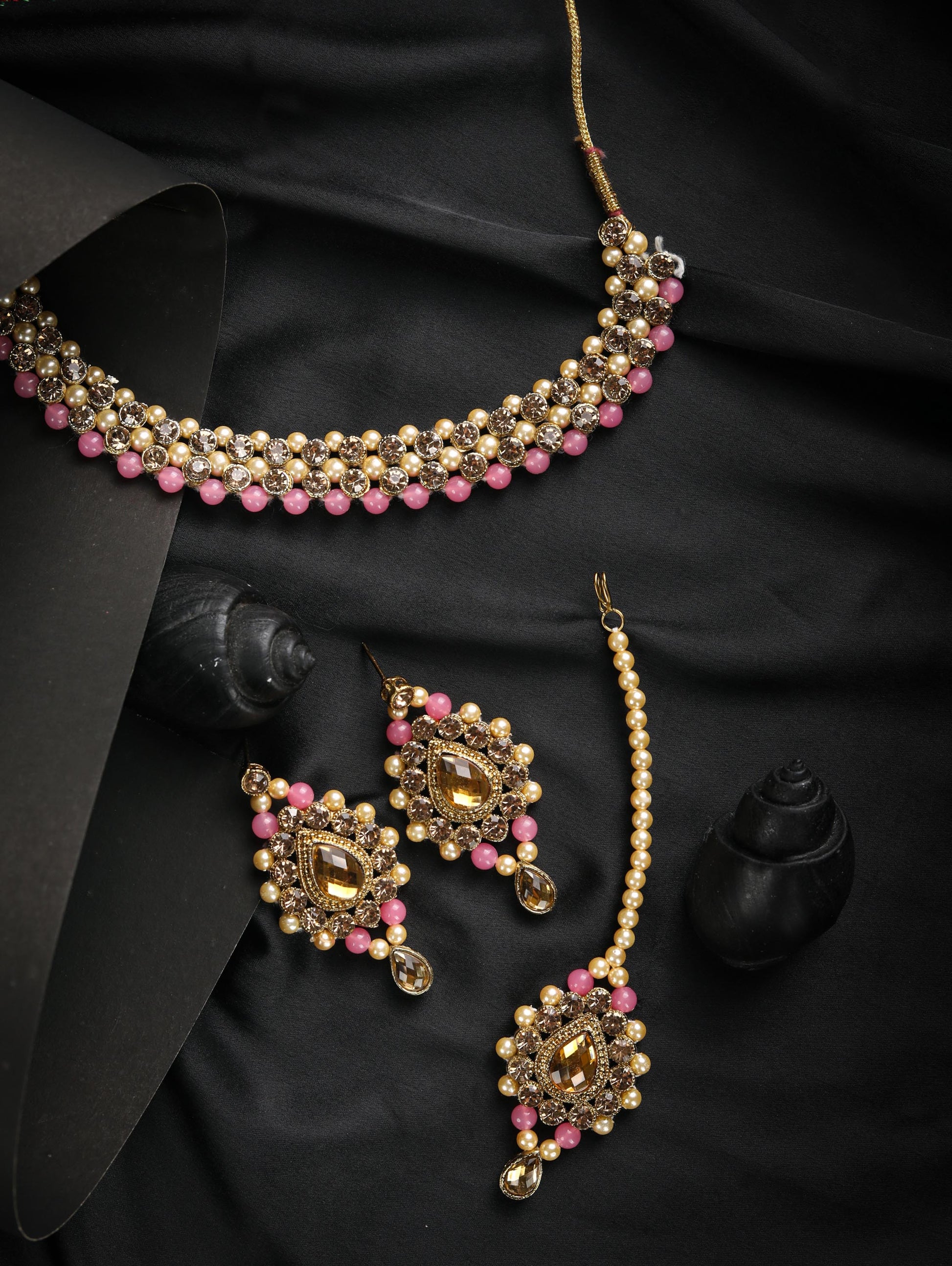 Priyaasi Women Pink Kundan Pearls Gold Plated Jewellery Set with MaangTikka - Grab2buy