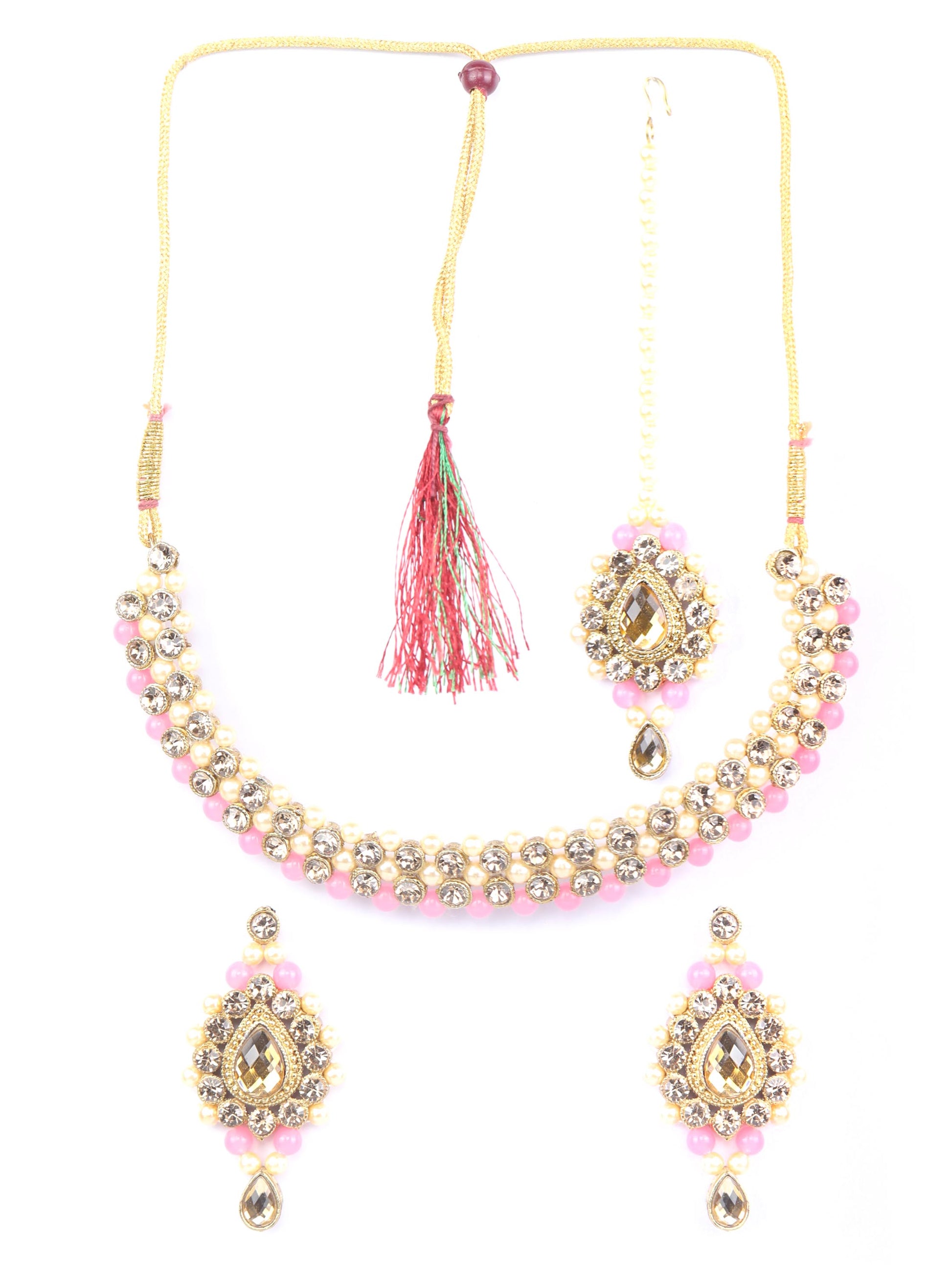 Priyaasi Women Pink Kundan Pearls Gold Plated Jewellery Set with MaangTikka - Grab2buy