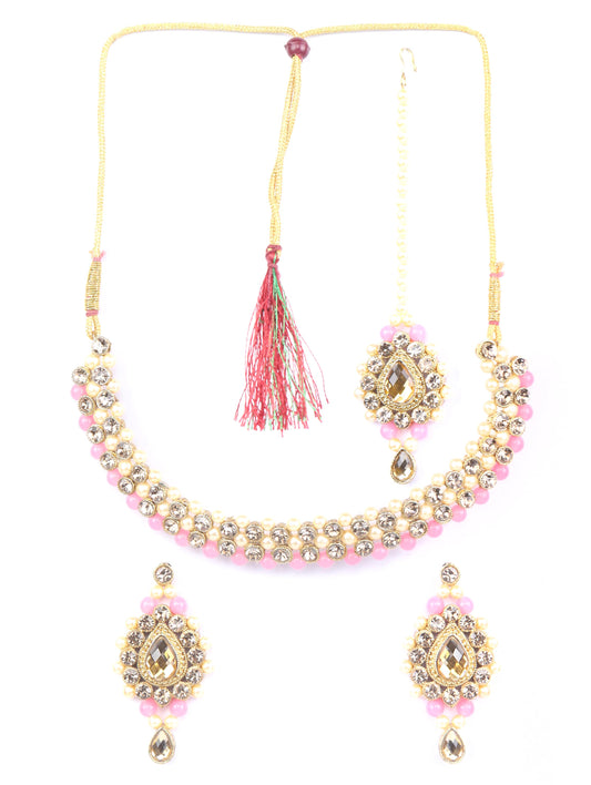 Priyaasi Women Pink Kundan Pearls Gold Plated Jewellery Set with MaangTikka - Grab2buy