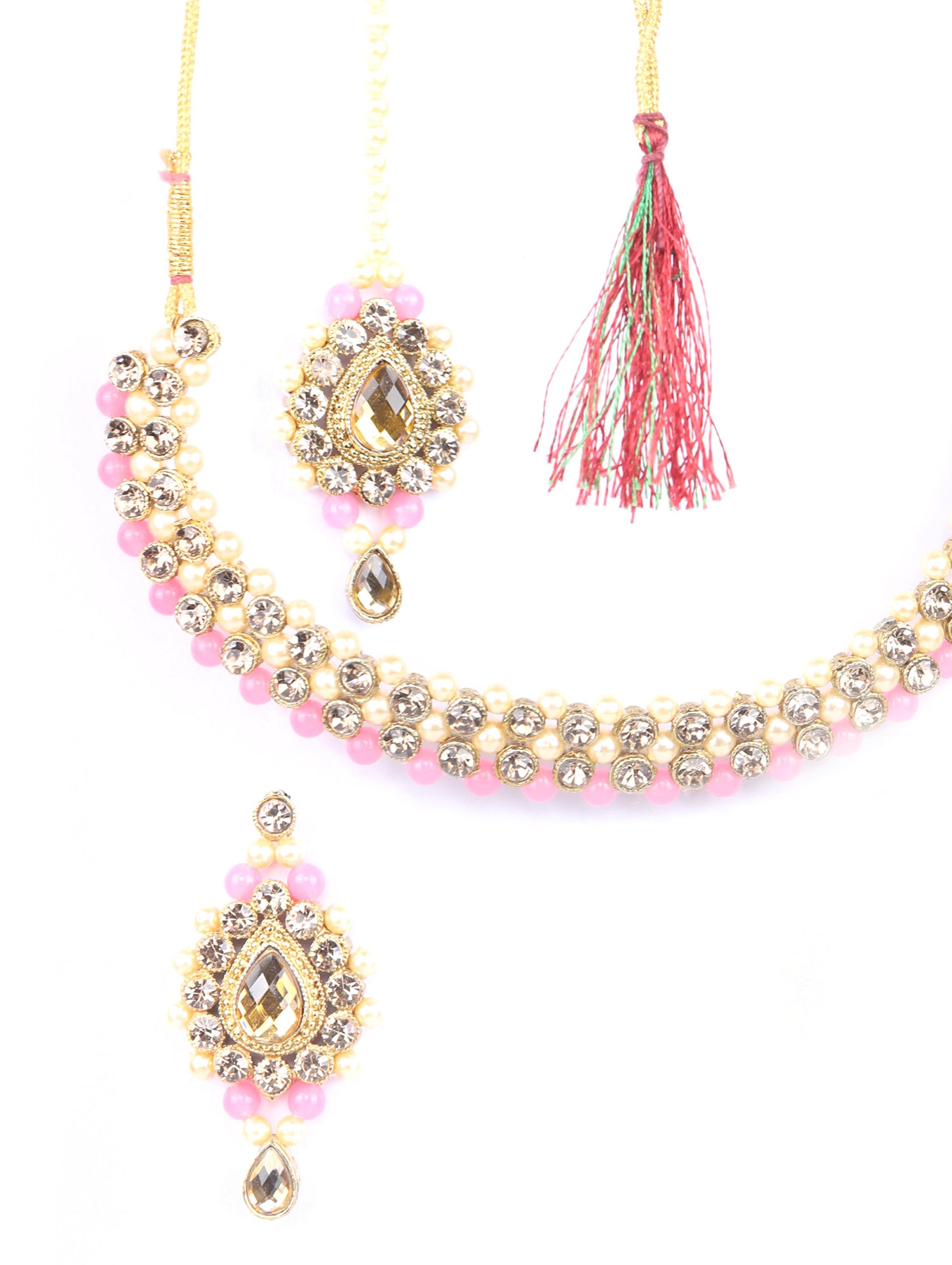 Priyaasi Women Pink Kundan Pearls Gold Plated Jewellery Set with MaangTikka - Grab2buy