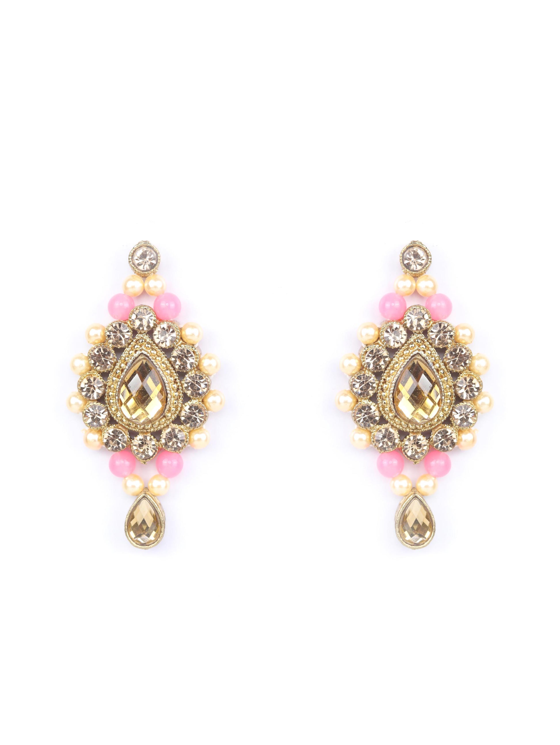Priyaasi Women Pink Kundan Pearls Gold Plated Jewellery Set with MaangTikka - Grab2buy