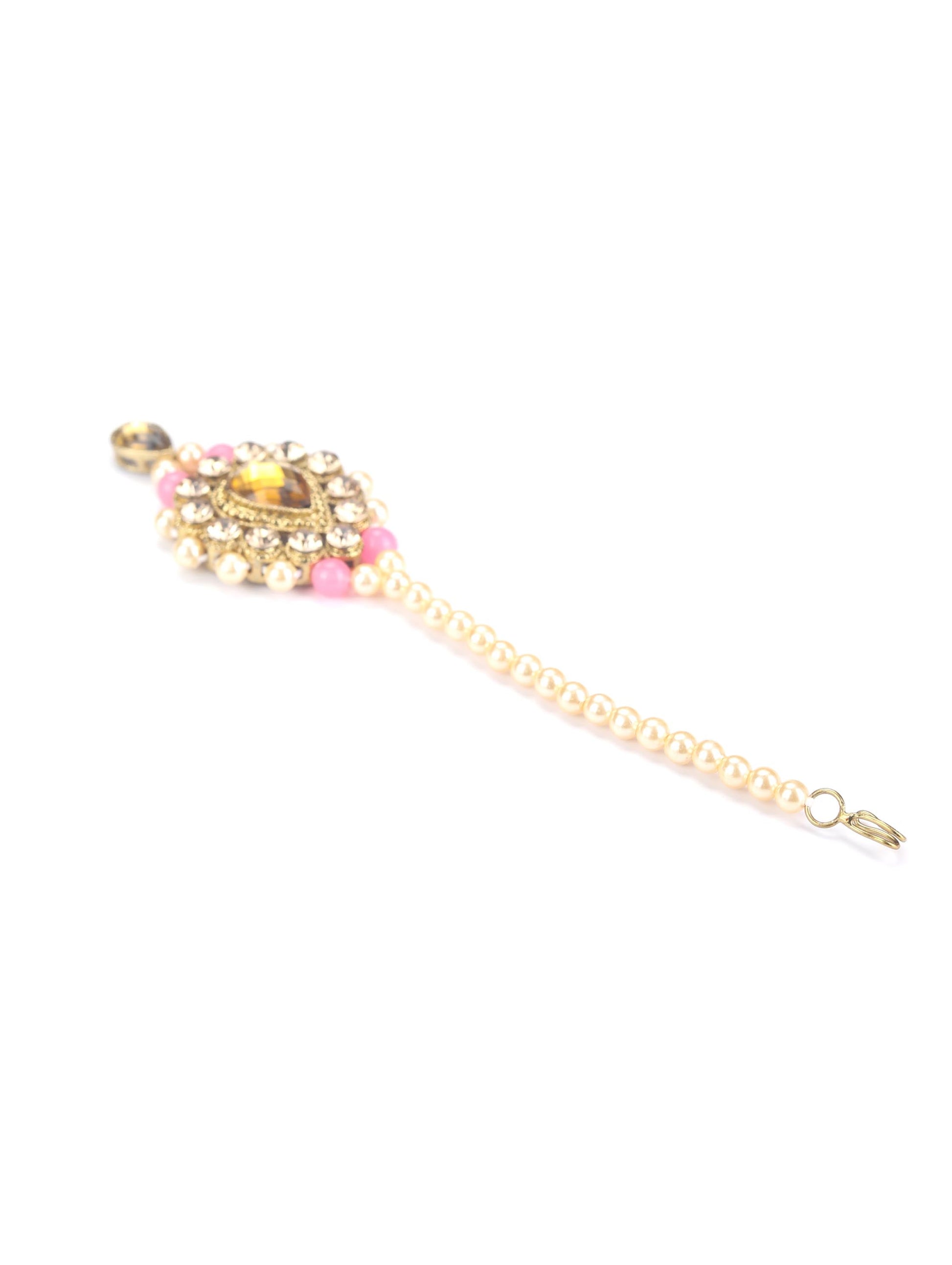 Priyaasi Women Pink Kundan Pearls Gold Plated Jewellery Set with MaangTikka - Grab2buy