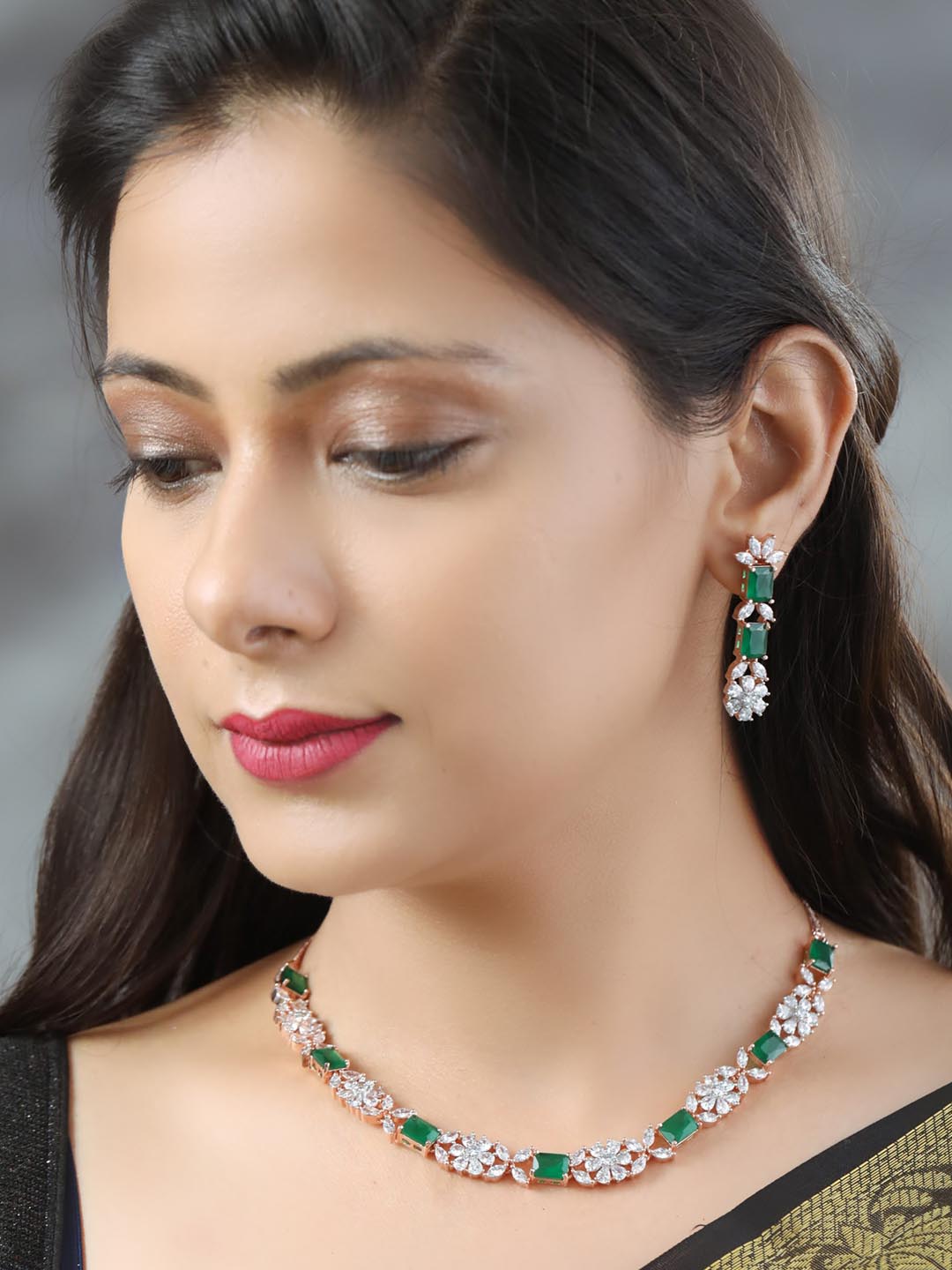 Priyaasi Women Green American Diamond Rose Gold Plated Jewellery Set - Grab2buy
