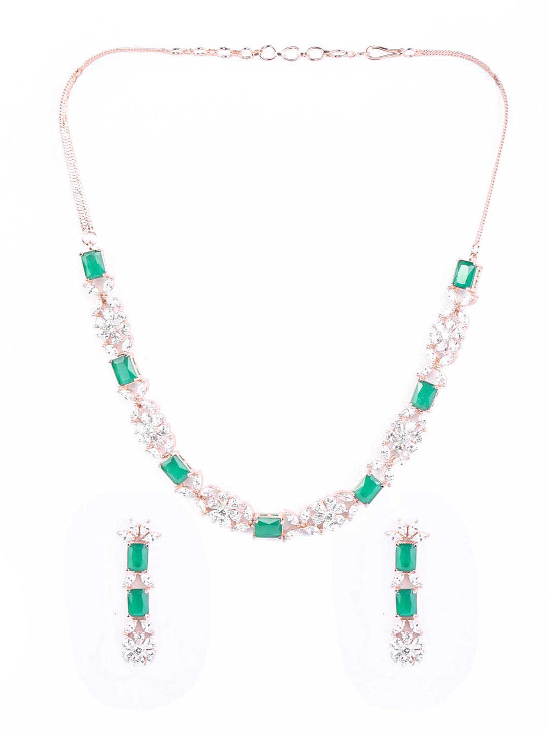 Priyaasi Women Green American Diamond Rose Gold Plated Jewellery Set - Grab2buy