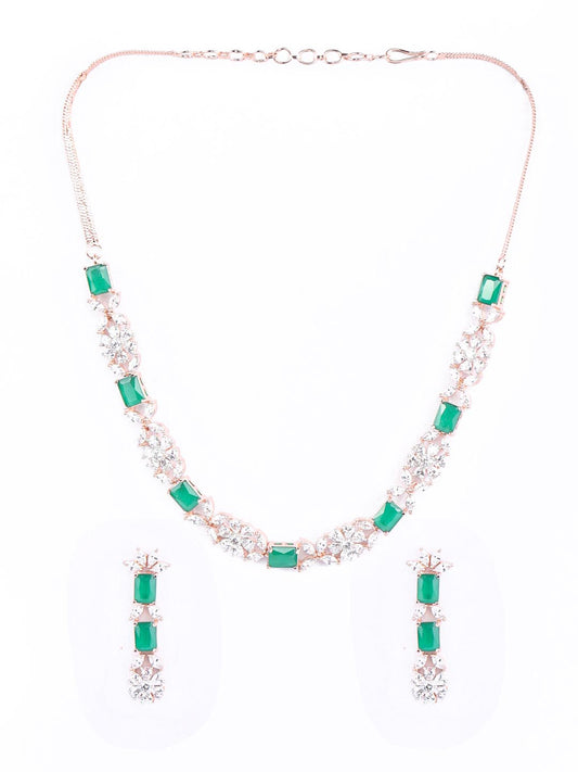 Priyaasi Women Green American Diamond Rose Gold Plated Jewellery Set - Grab2buy