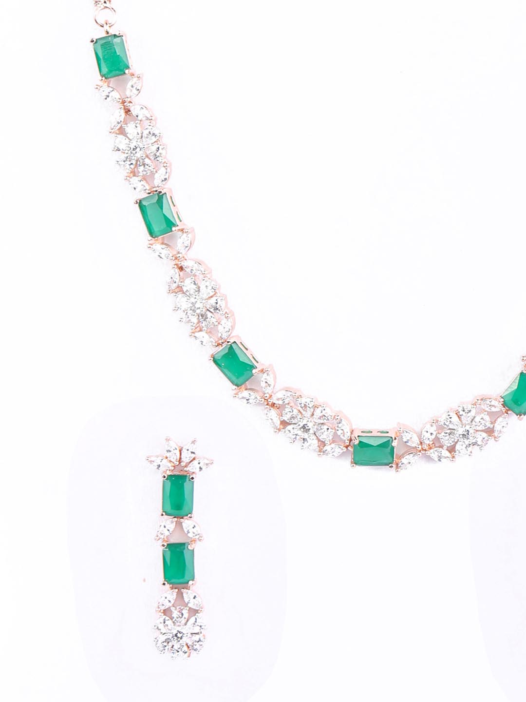 Priyaasi Women Green American Diamond Rose Gold Plated Jewellery Set - Grab2buy