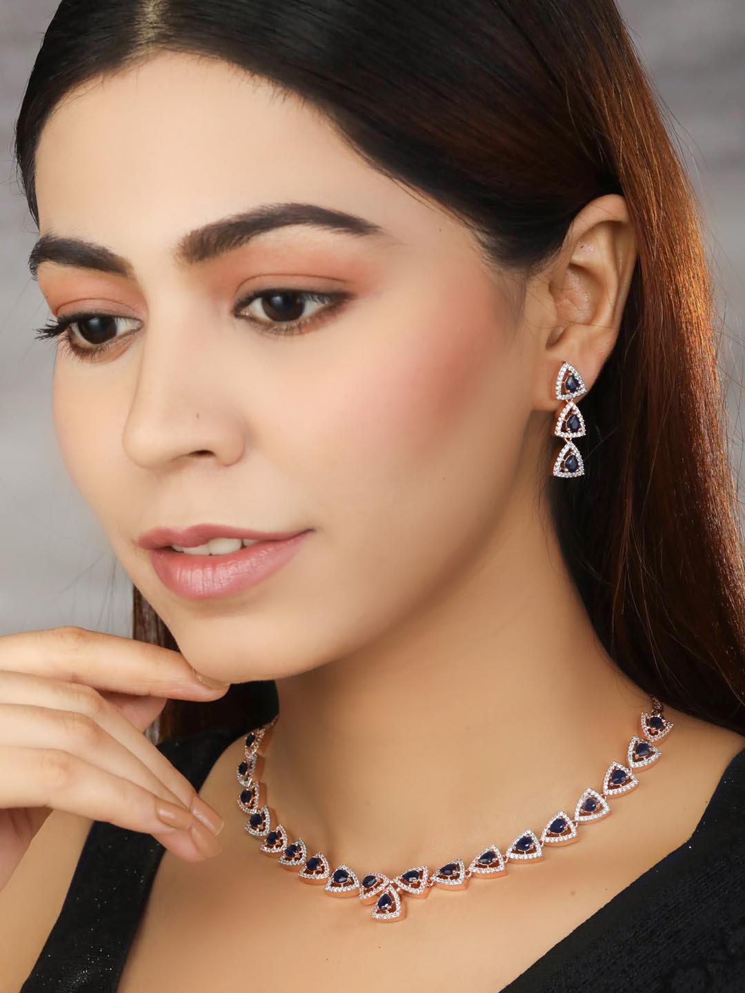 Priyaasi Women Blue American Diamond Rose Gold-Plated Jewellery Set - Grab2buy