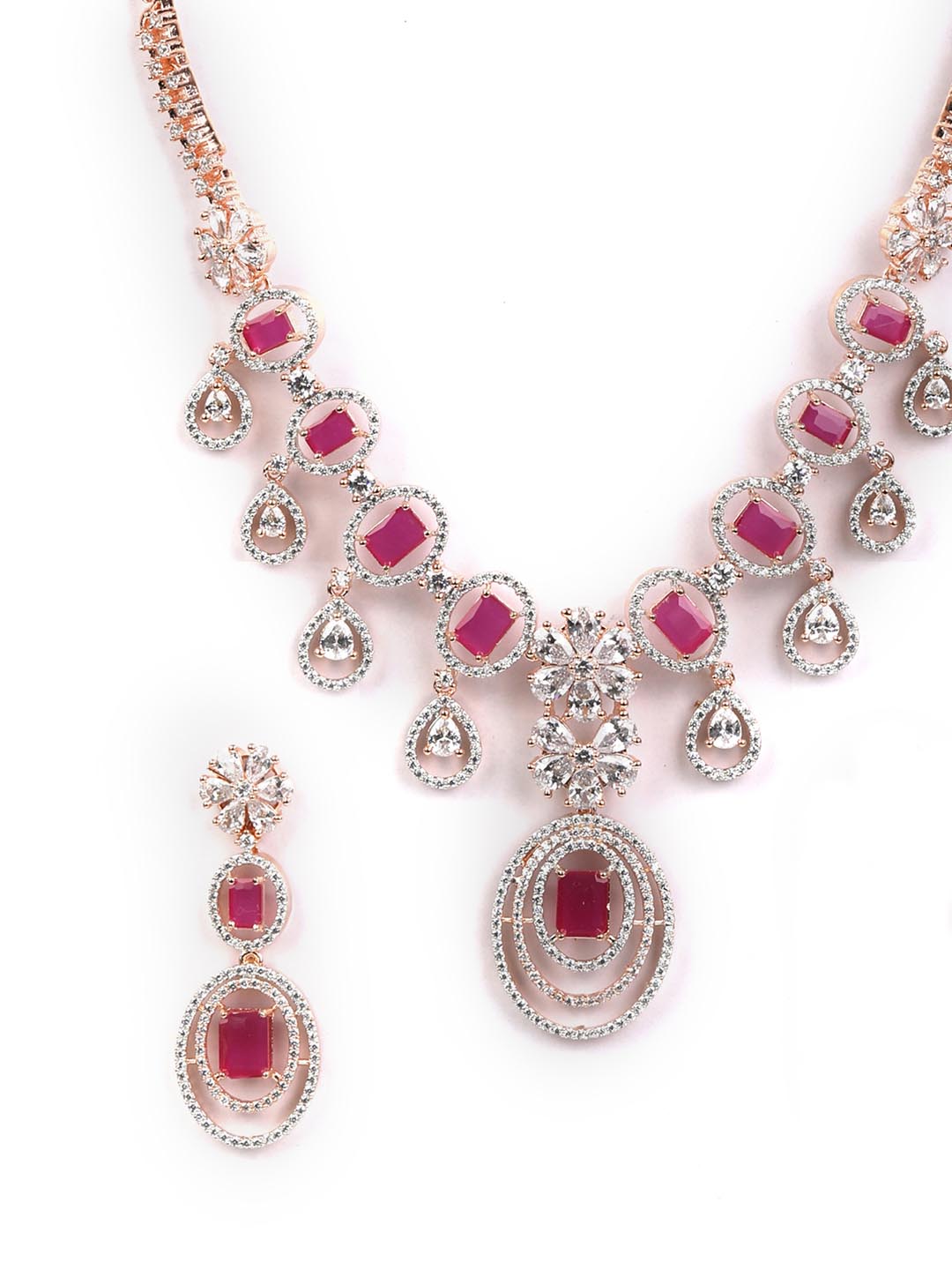 Priyaasi Women Ruby Roll - Pink American Diamond Rose Gold-Plated Jewellery Set - Grab2buy
