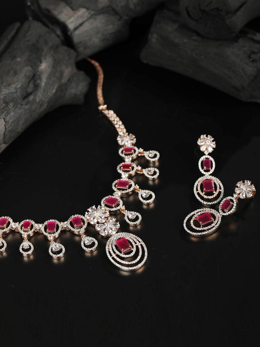 Priyaasi Women Ruby Roll - Pink American Diamond Rose Gold-Plated Jewellery Set - Grab2buy