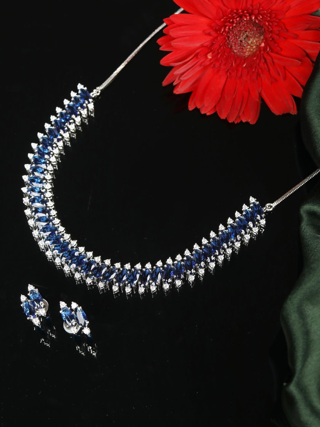 Priyaasi Women Blue American Diamond Silver Plated Jewellery Set - Grab2buy